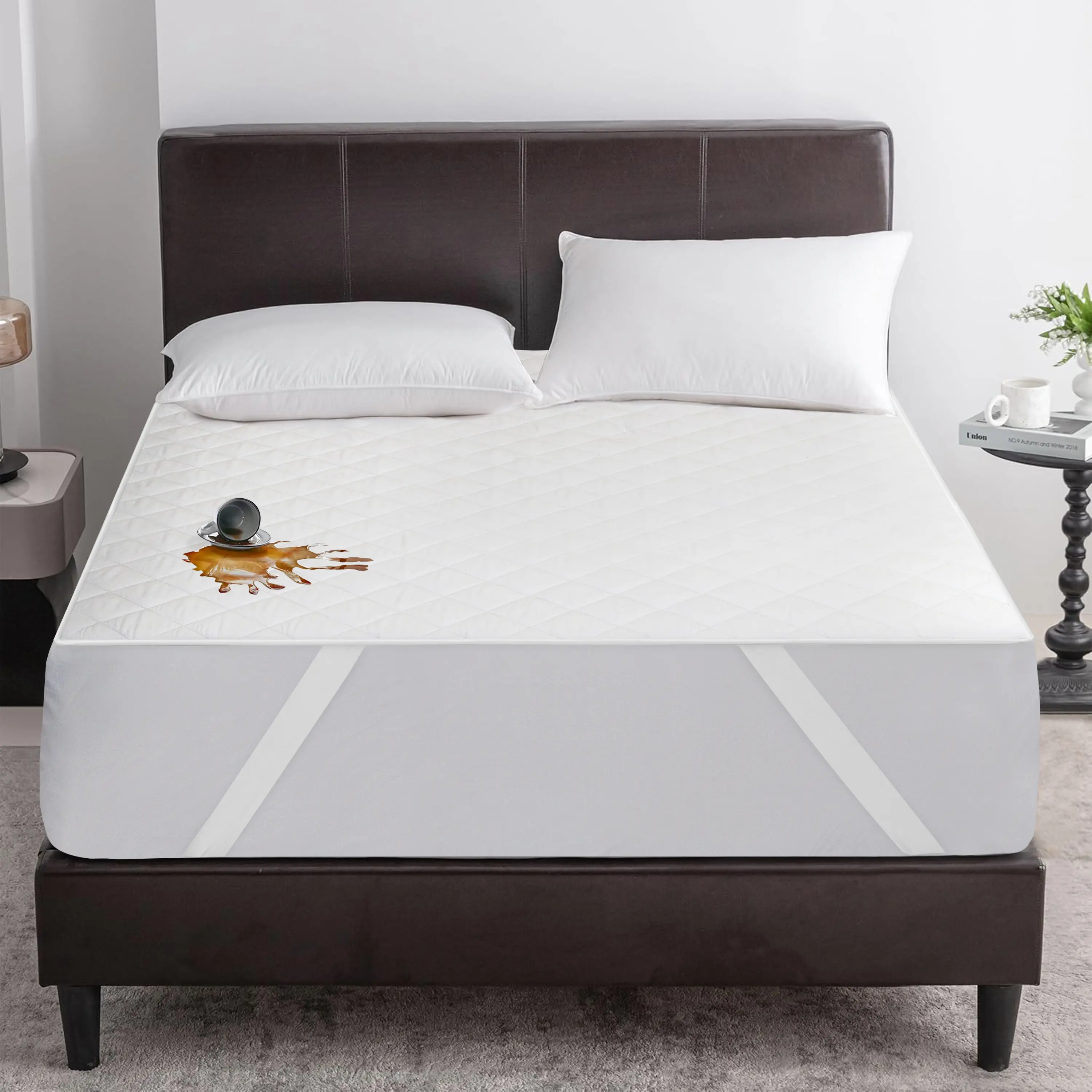 Waterproof Mattress Protector With Straps Stretchable Quilted Mattress Cover up to 16" Durable Anchor Band Bed Cover Size Mattress Pad Covers