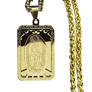 Retro Square Hang Tag, Virgin Mary Prayer Necklace, Women's and Men's Stainless Steel Golden Medal Necklace, Jewelry