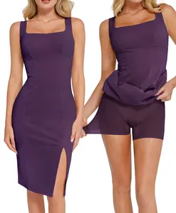 Popilush Shapewear Faux Nubuck Bodycon Sculpting Slit Midi Dress Chic Casual