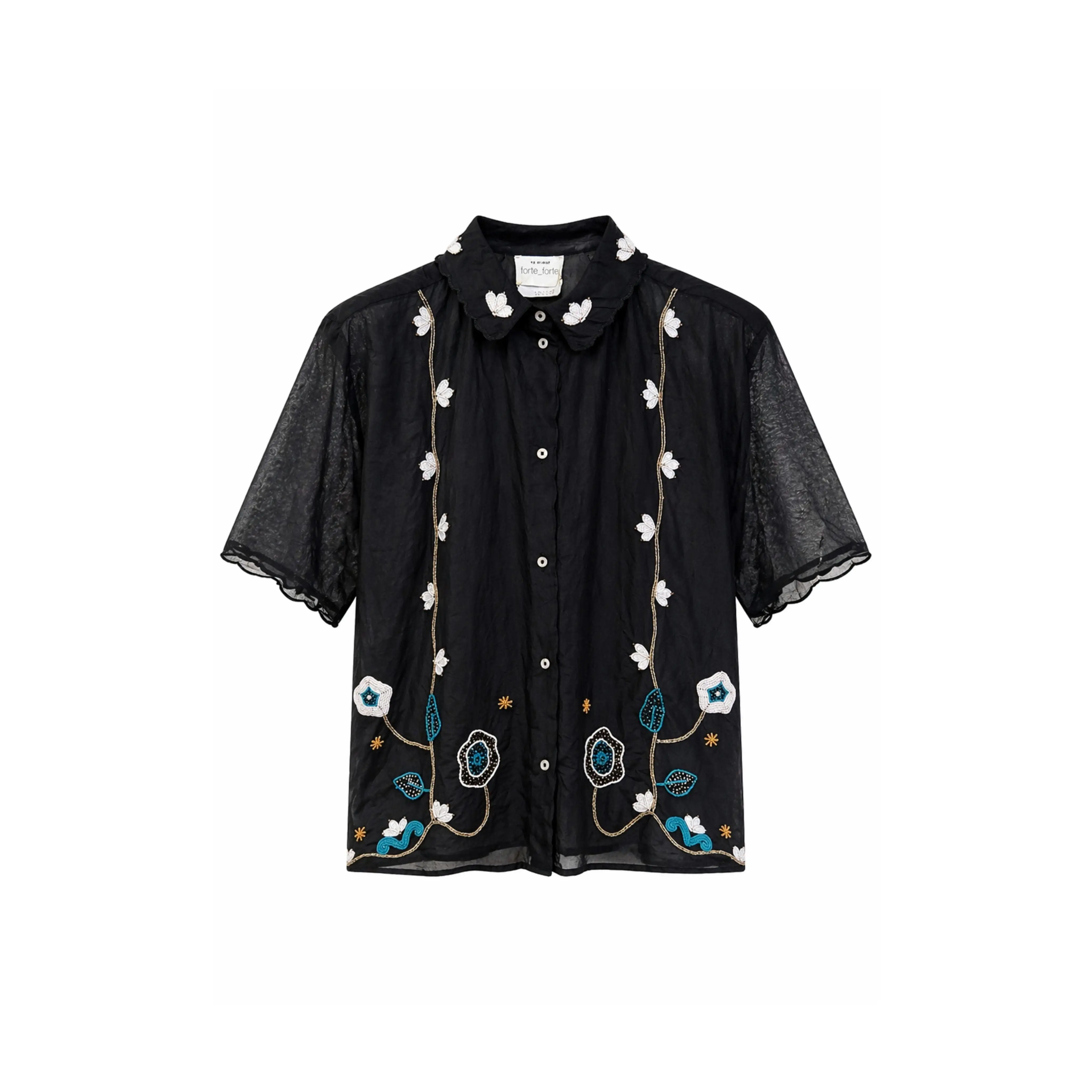 Women's Broderie en Reve Embroidered Cotton Muslin Blouse - Glass Bead Detailing, Relaxed Cut, Loose-Fitting, Breathable, Lightweight Casual Top, Elegant Wardrobe Staple, Embroidery, Glass Beads