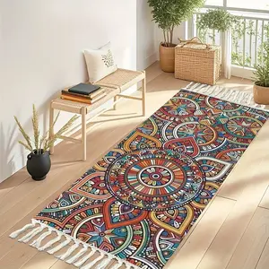 Bohemian Mandala Fringe Long Mat, Vintage Ethnic Style Non-Slip Stain-Resistant Hallway Rug, Modern Indoor Print Pattern