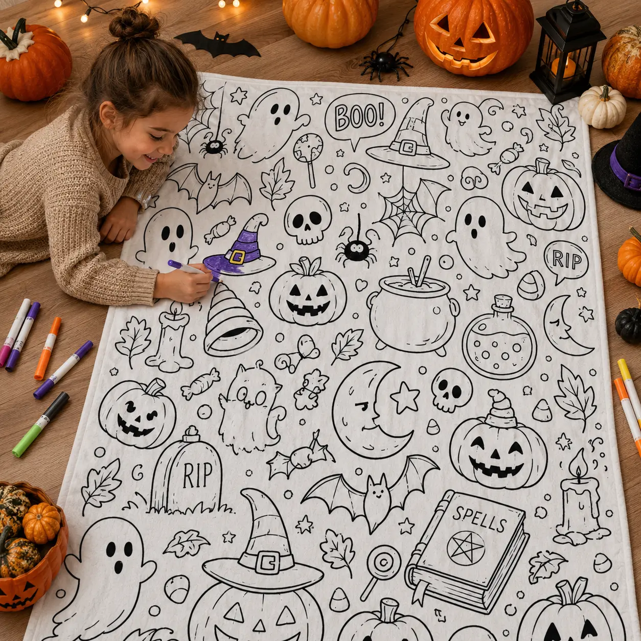 Halloween DIY Coloring Throw Blanket, Soft Flannel Ghost Pumpkin Witch Hat and Bat Doodle Print for Kids Bedroom and Family Lounge Decor, Creative Color Your Own Bed Throw for Movie Night, Halloween Gift for Children and Families
