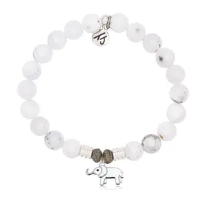 White Chalcedony Gemstone Bracelet with Lucky Elephant Cutout Sterling Silver Charm