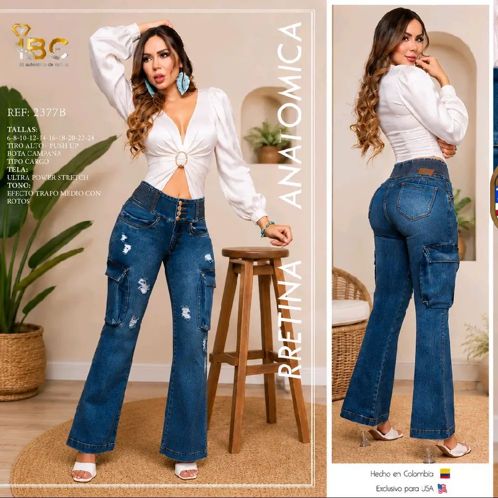 Ultra Power Ref 2377B Bota Campana Cargo Style Denim Jeans for Women Tono Azul Claro Destroy Fit Without Belt Made in Colombia