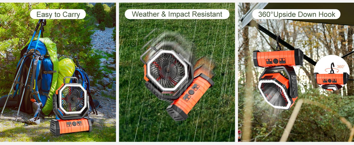 Odoland  Rechargeable Camping Fan with LED Light, Portable Multi-functional Fan with 270° swivel head,Portable Tent Fan with Timer, Oscillating Emergency Camping Fan Cordless Rotatable Battery Powered Lightweight