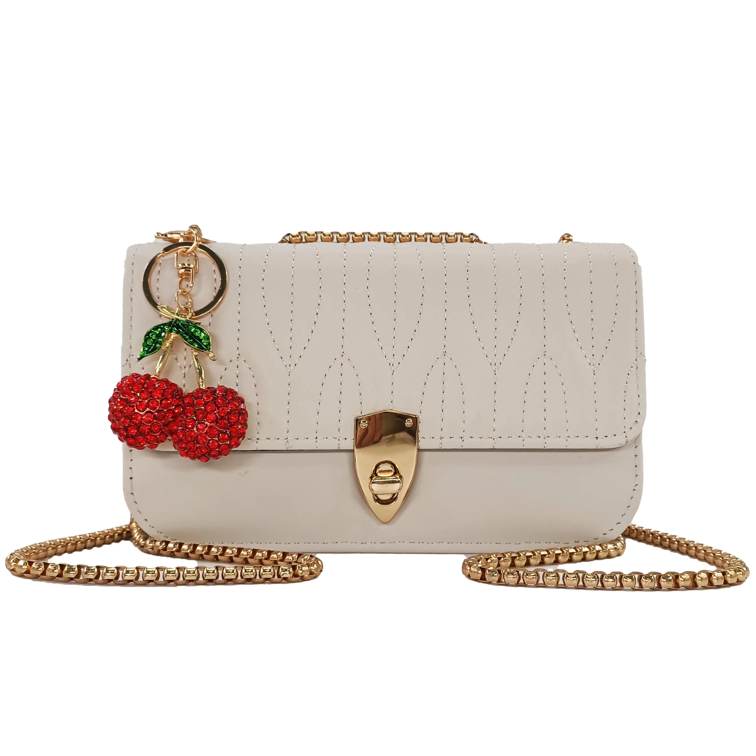 Women's Small Crossbody Bag, Curved-Quilting Stitch Design, Rhinestone-Embellished Cherry Charm with Green Leaf Accent, Rhinestones