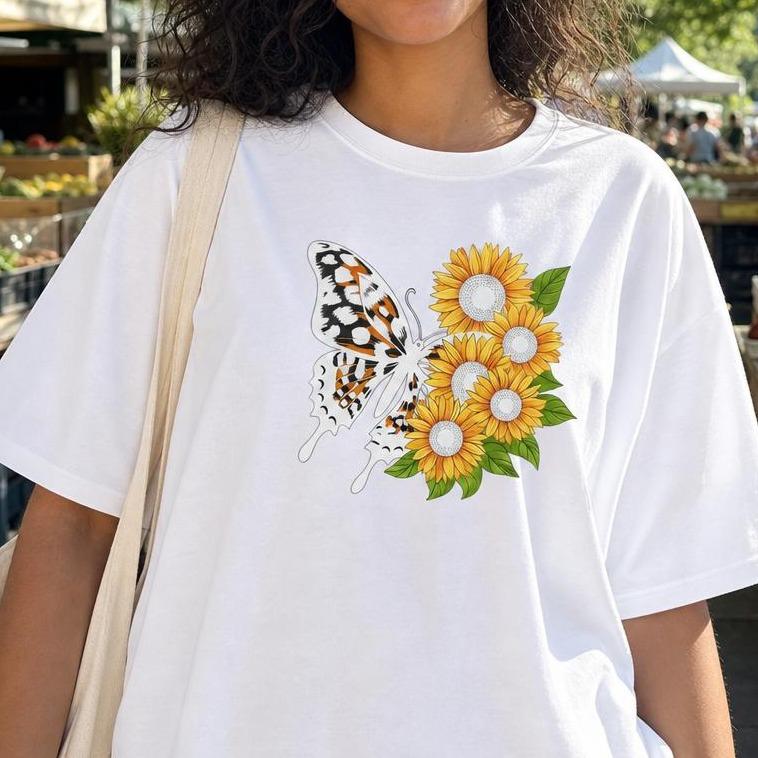 Lady's 100% Cotton Casual Crew Neck Short Sleeve Drop Shoulder Loose-Fit Sunflower & Butterfly Floral Breathable Plus Size Botanical Nature Top, Women's Tshirt