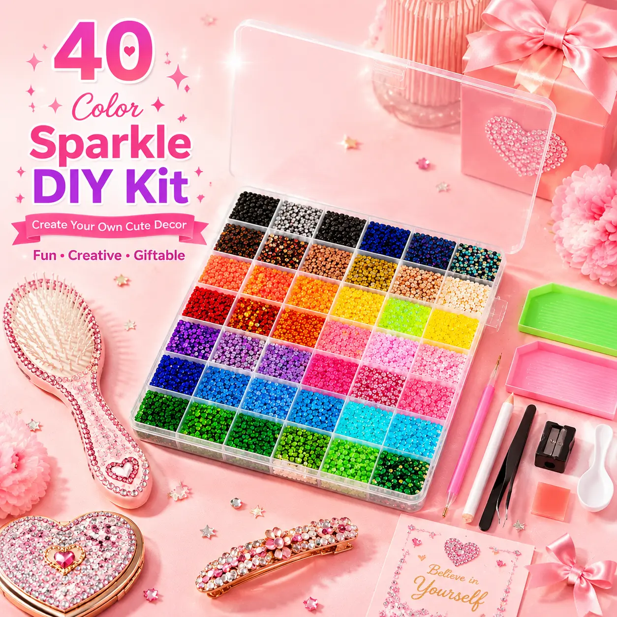 34000Pcs Multicolor Flatback Resin Rhinestones Craft Kit, Bedazzling Gem Beads with Complete DIY Tools, Bling Decor for Kids Adults, Tumbler Nail Art & Handmade Projects