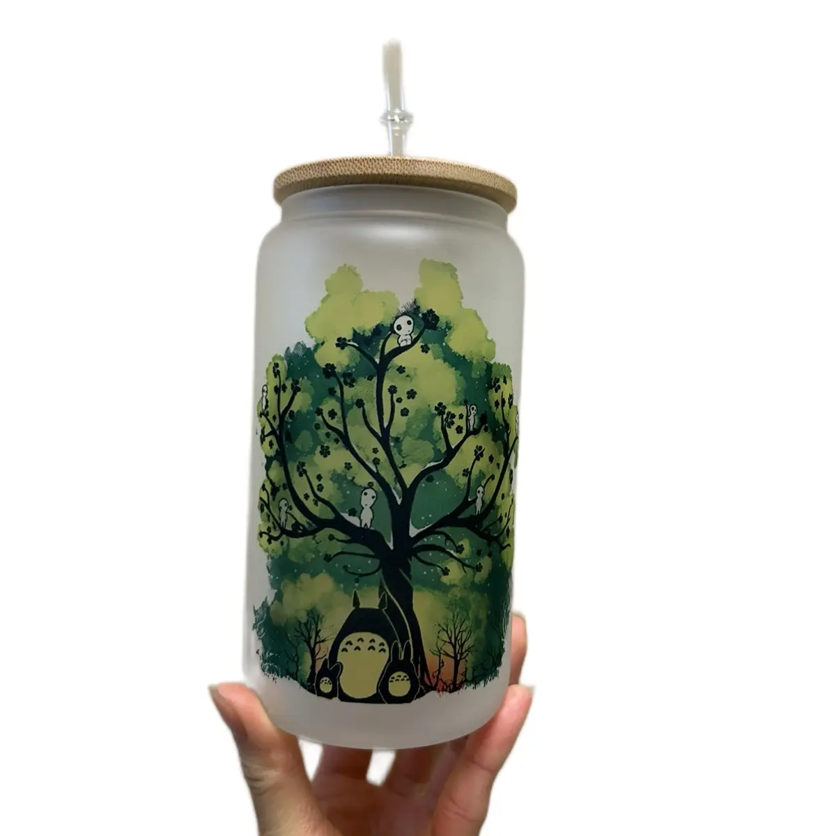 Studio Ghibli My Neighbor Totoro Glass Cup - 16 oz Capacity with Bamboo Lid & Plastic Straw, Durable Design, Stylish Drink Tumblers