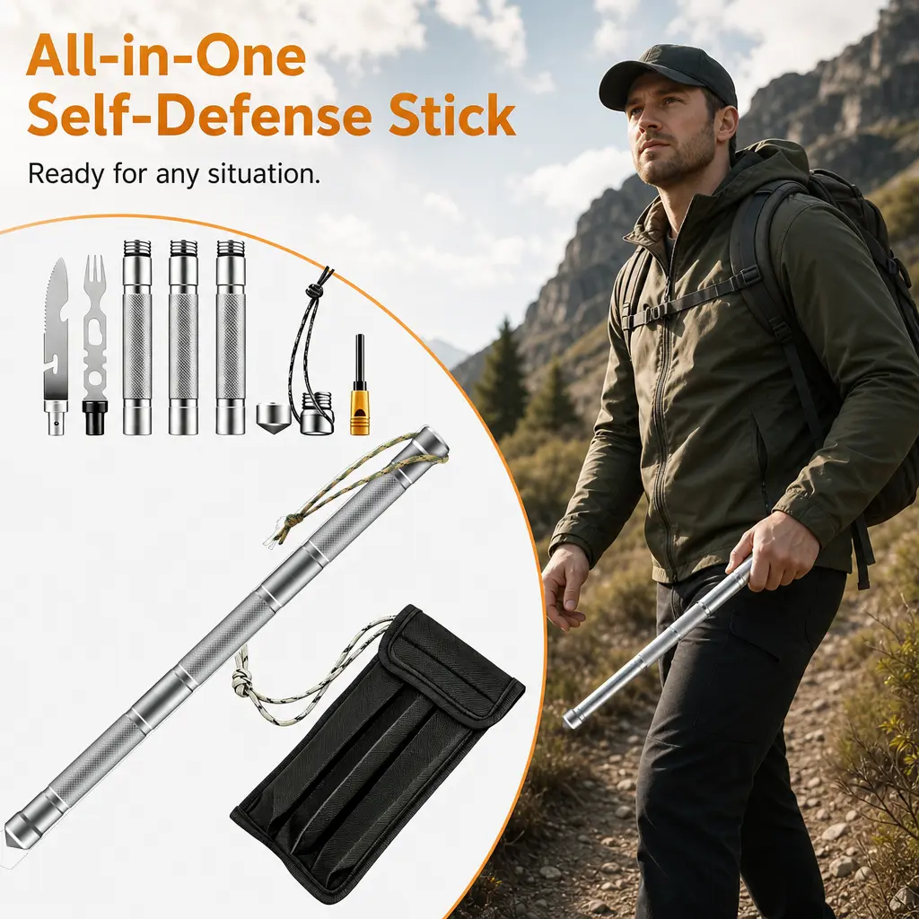 All-in-One Multi Tool Survival Stick with Compass, Fixed Blade Knife, Sharp Cone, Emergency Whistle, Flint Fire Starter, Fork - Tactical Outdoor Gear for Camping Hiking Backpacking Hunting Emergency Survival EDC Kit