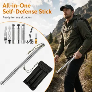 All-in-One Multi Tool Survival Stick with Compass, Fixed Blade Knife, Sharp Cone, Emergency Whistle, Flint Fire Starter, Fork - Tactical Outdoor Gear for Camping Hiking Backpacking Hunting Emergency Survival EDC Kit