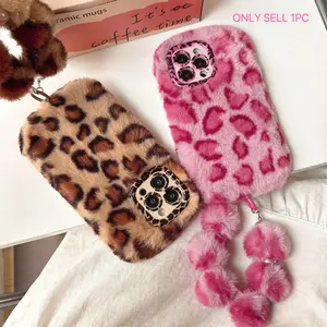 2026 2027 Leopard Print Fluffy Plush Phone, Smartphone Case with Stand & Lanyard for iPhone 17 Pro Max 17 Pro 16 Pro Max 16 Pro 15 Pro Max, Full Coverage Shockproof Soft TPU Anti-Scratch Full Camera Lens Protection Slim Stylish Protective Cover