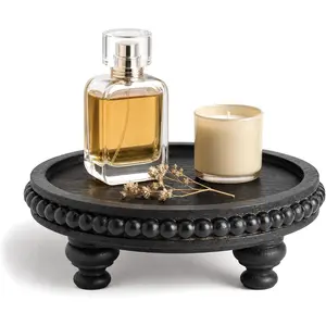 EOSAHR Pine Round Wood Riser with Beaded for Home Decor - Rustic Decorative Tray for Entryway Table - Riser Display Stand for Bathroom & Kitchen Counter (Black)