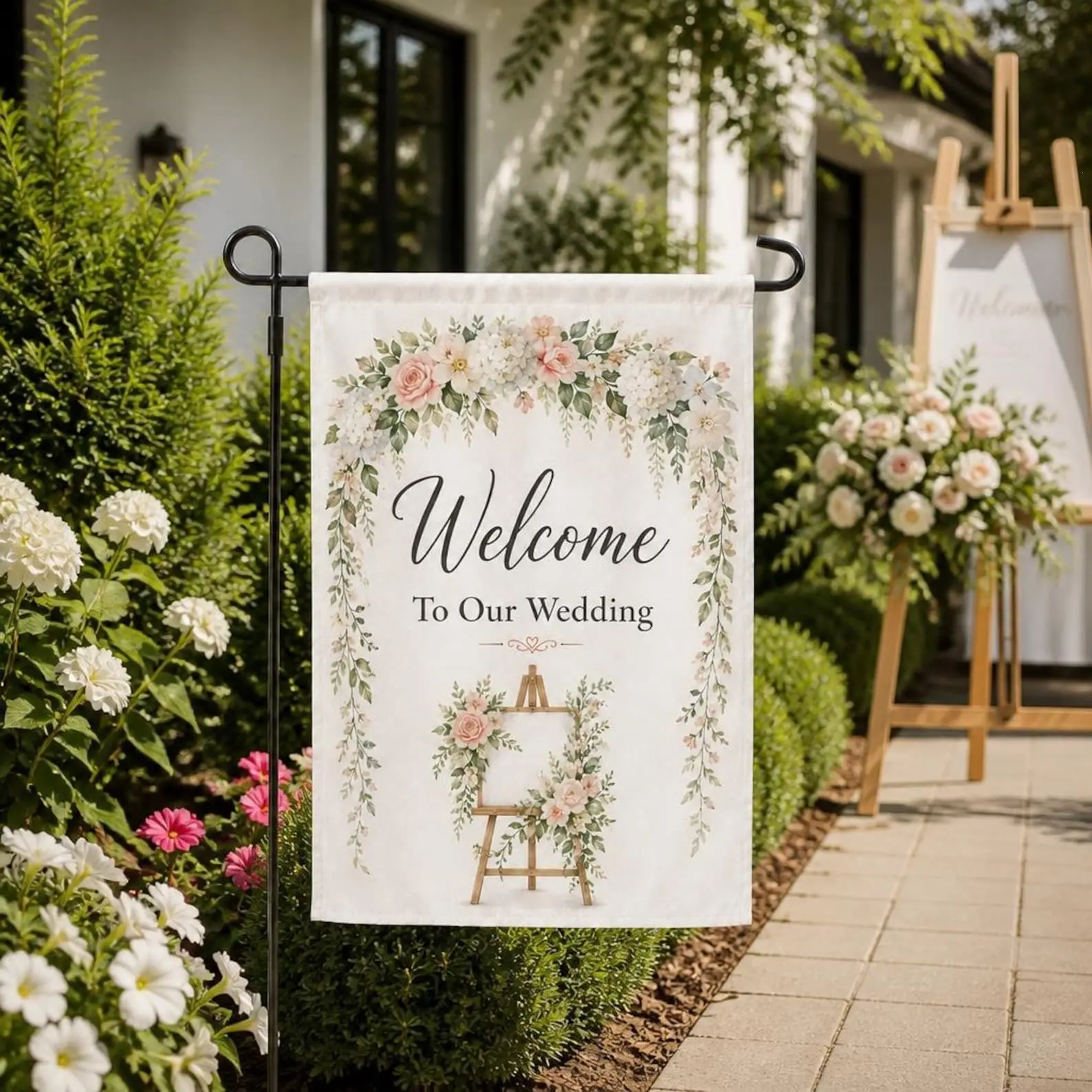 Floral Wedding Welcome Garden Flag, Elegant Outdoor Ceremony Banner, Personalized Wedding Yard Decor, Romantic Porch Decoration Gift