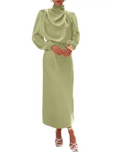 BTFBM Womens Mock Neck Satin Dress 2026 Summer Spring Long Sleeve High Waist Wedding Party Maxi Formal Cocktail Dresses