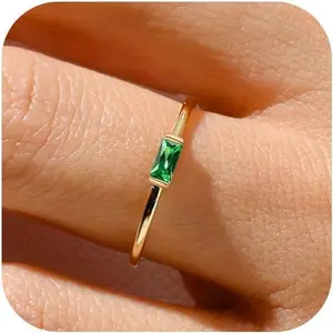 Birthstone Rings for Women Non Tarnish Gold Stackable Rings Dainty 14K Gold/Silver Plated Baguette CZ Emerald Green Pinky Ring Personalized Jewelry Gift for Birthday Size 4-10