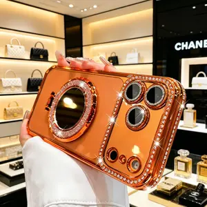 【CH United Creation Products】Luxury Glitter Clear iPhone Case with Built-in Makeup Mirror, Foldable Stand, Shockproof Protection for iPhone 14-17 Pro Max Plus, Women's Trendy Aesthetic Outdoor Fun Gift