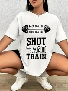 Men'S And Women'S Inspirational T-Shirt - No No Gain Shut Up And Train Slogan And Dumbbell Pattern - Heavyweight 1.9-2 Weightlifting Design - Breathable Comfort Sweatshirt for Weightlifting, - All Season Casual Clothing W
