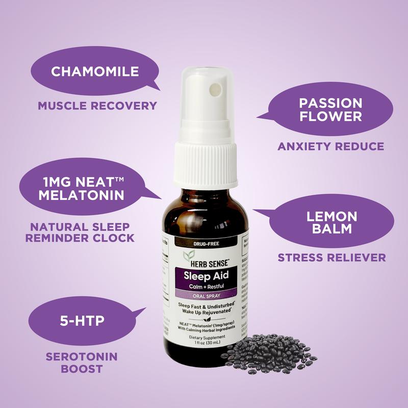 Herb Sense Melatonin Sleep Aid - 1 fl oz Oral Spray with 5-HTP & 50% Herbal Blend, Mucosal Absorption, 60 Servings, Vegan, Gluten & Sugar Free, Designed for Sensitive Stomach, Drug-Free Solution for Calm Sleep