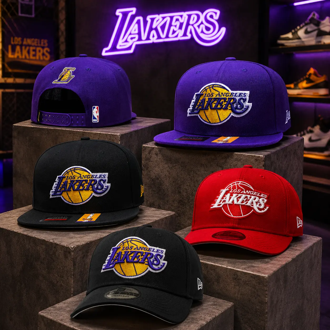 Lakers Basketball Cap Collection, Embroidered Adjustable Snapback and Curved Brim Hats, Purple Black Red Streetwear Styles