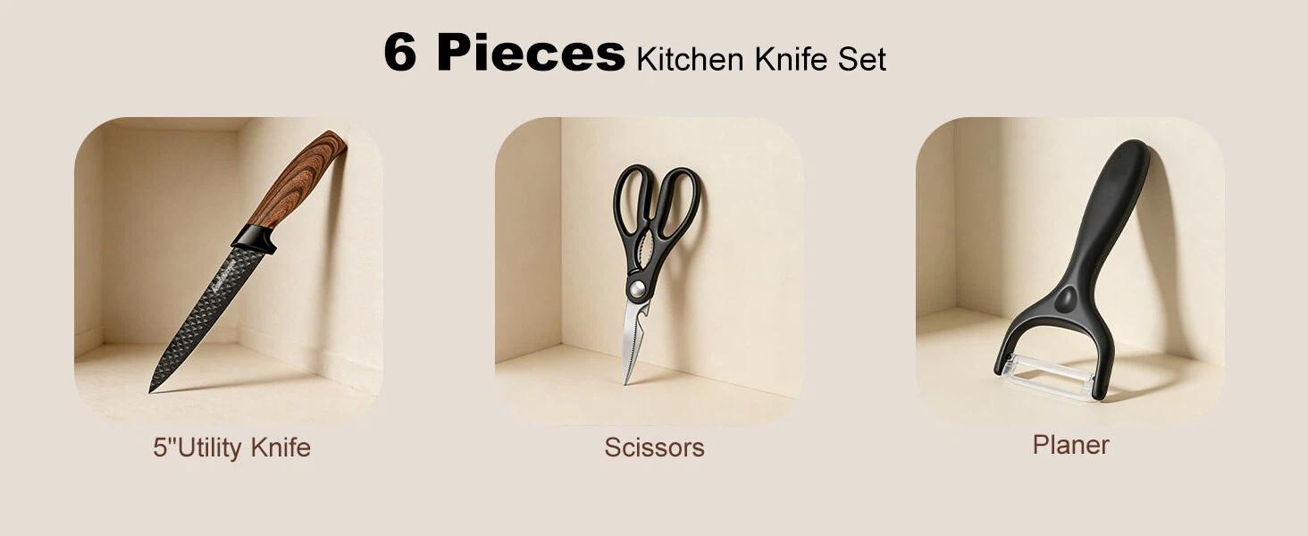 Knife Set with Gift Box, 6-Piece Kitchen Knife Set - Stainless Steel Ultra Sharp Chef Knife Set, Healthy Anti-Rust Coating, Anti-Rust Non-stick, Ergonomic Wood Grain Handle, Dishwasher Safe #Summervibes