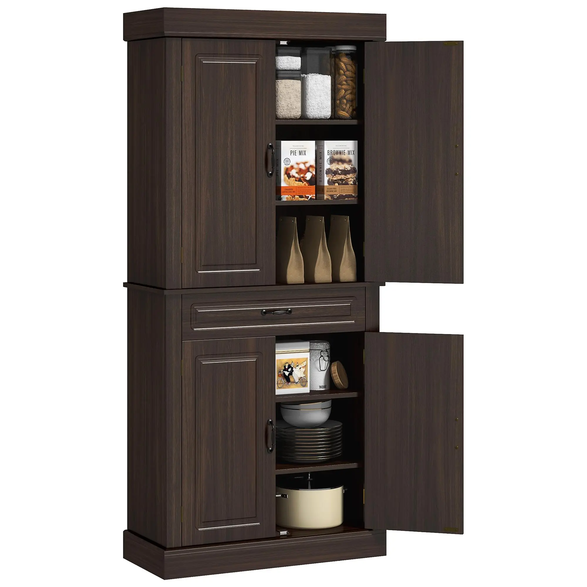 HOMCOM 71" Freestanding Wood-Style Floor Cabinet - Drawer, Floor-Mounted, User-Friendly, Dual-Compartment Tall Distressed White Kitchen Pantry with 4 Doors for Dining Room, Drawer Floor Cabinets, Floor-Mounted Floor Cabinets