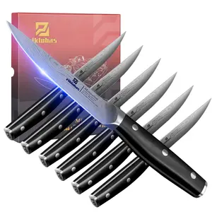 【TikTokShopJumpstart】Steak Knives Set of 6, 4.5 Inch Non Serrated Dinner Knife, Forged German Steel Damascus Pattern Straight Edge Meat Knife with Full Tang Handle, Dishwasher Safe, Ideal for Gift, Valentines Day Gift