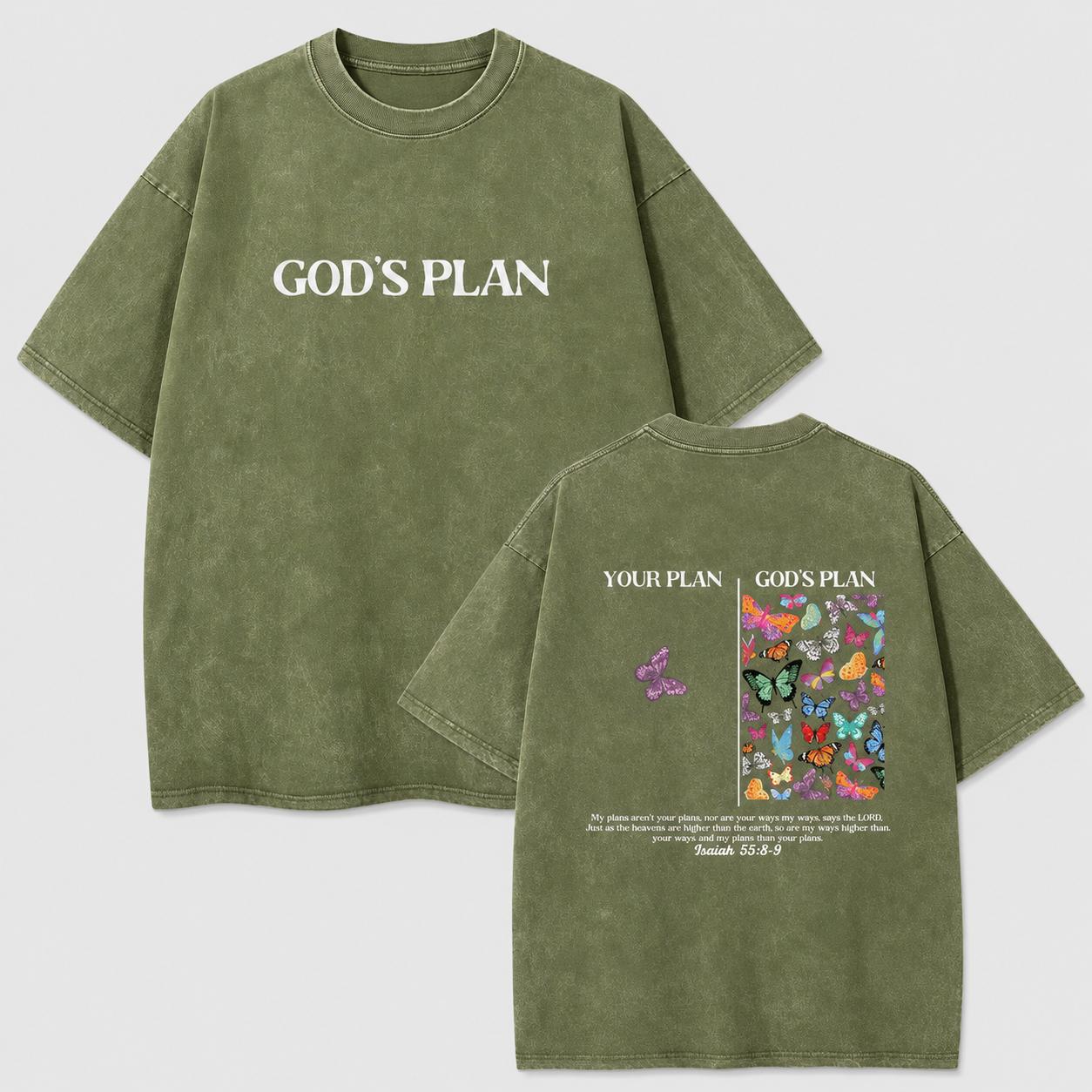 Unisex Vintage Washed Cotton Graphic T-Shirt, Oversized Crew Neck Tee with God’s Plan Butterfly Front & Back Print, Casual Streetwear Top