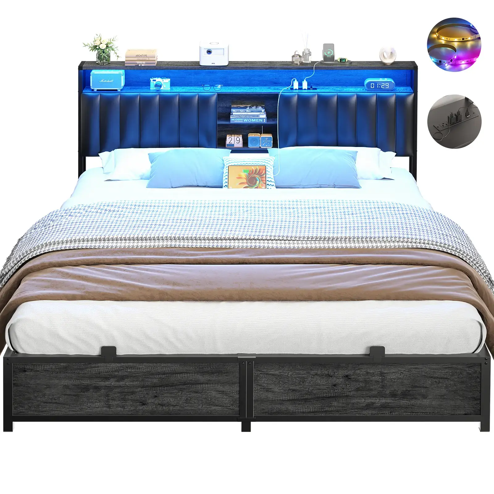 Bed Frame with Bookcase Headboard and LED Light,Upholstered Platform LED Bed Frame with Charging Station, USB Ports,No Box Spring Needed,Easy Assembly and Noise Free