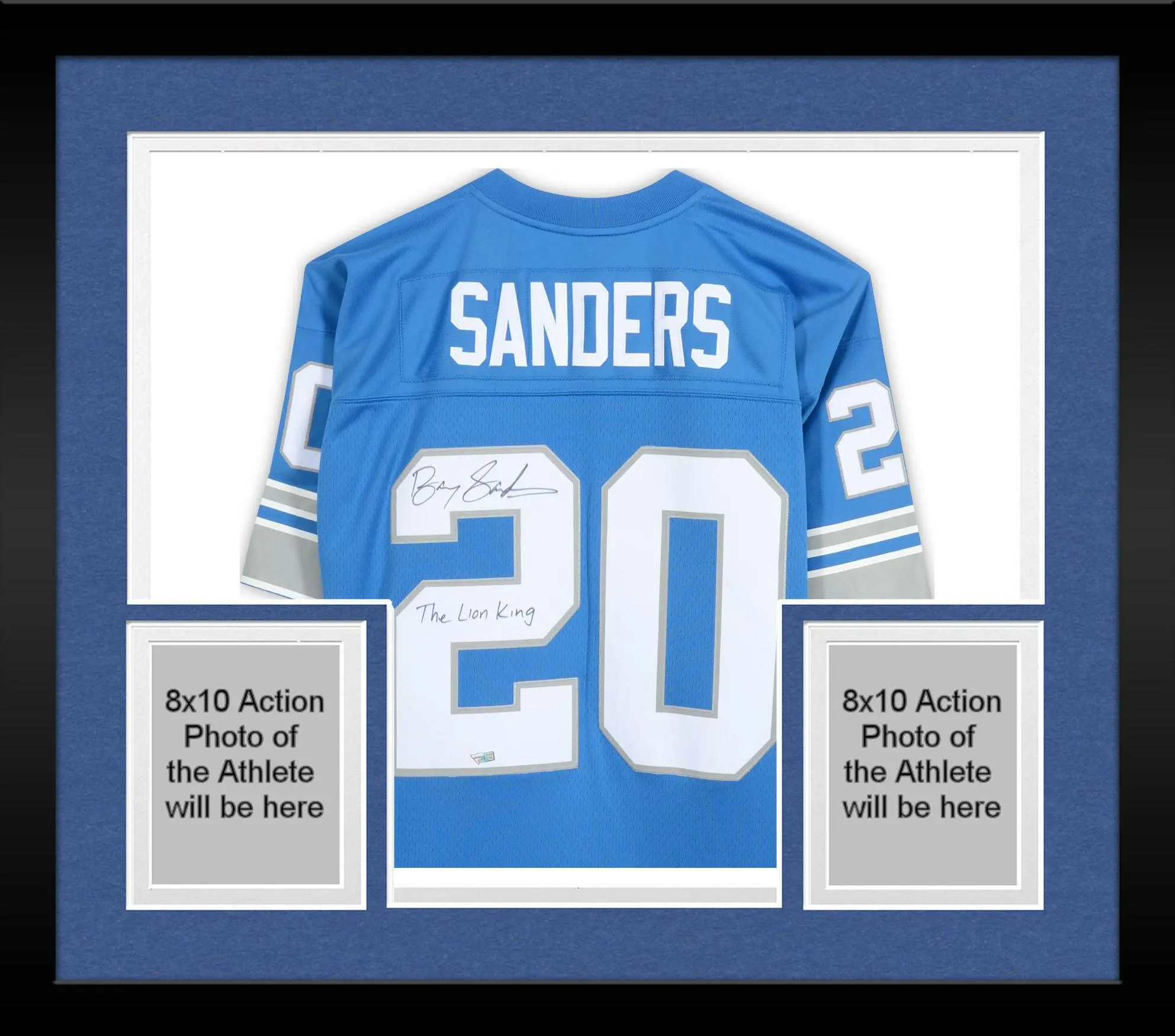 Framed Barry Sanders Detroit Lions Autographed Mitchell & Ness Blue Replica Jersey with "Lion King" Inscription - Fanatics Authentic Certified