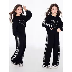 Girls Autumn Fashion Sweet Heart Casual Set Loose Sweatshirt and Sweatpants Sports Two Piece Outfit for Big Girls