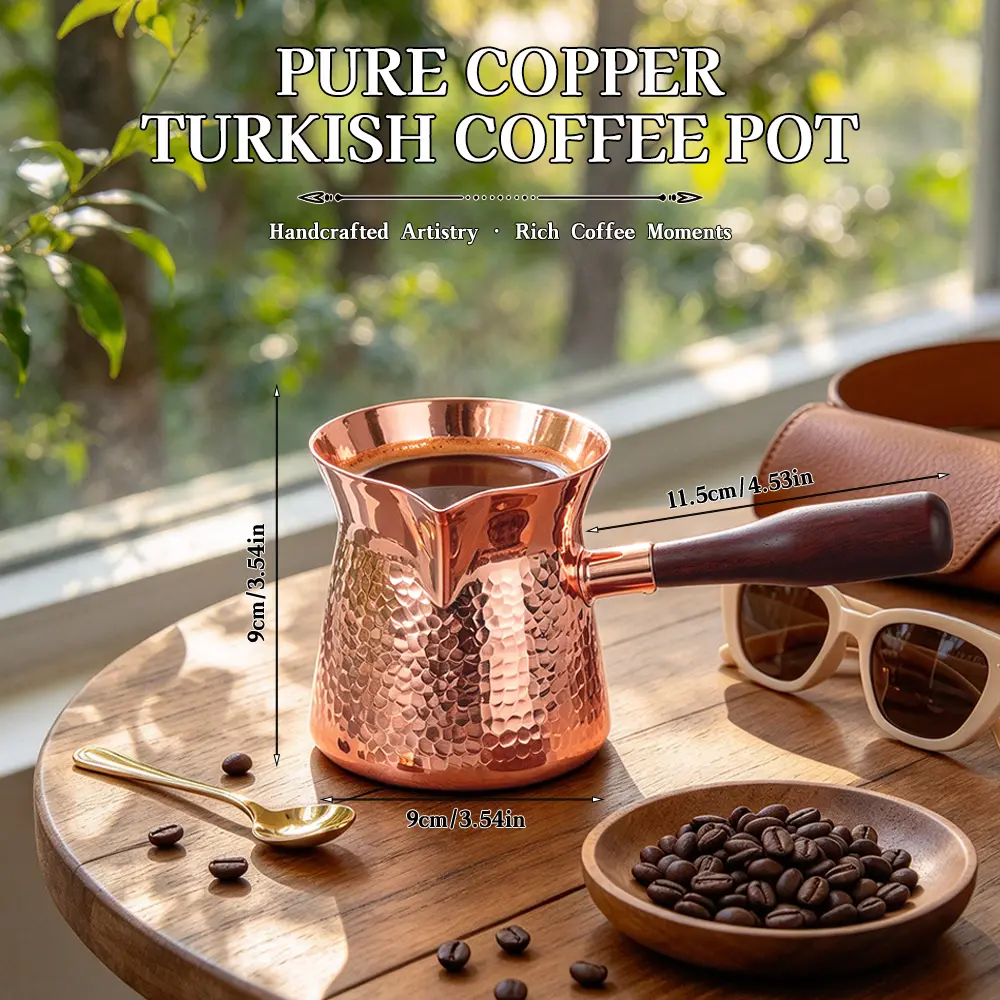 TurkishCoffeePot PureCopperCezve HammeredWoodenHandle CoffeeWarmer Kettle