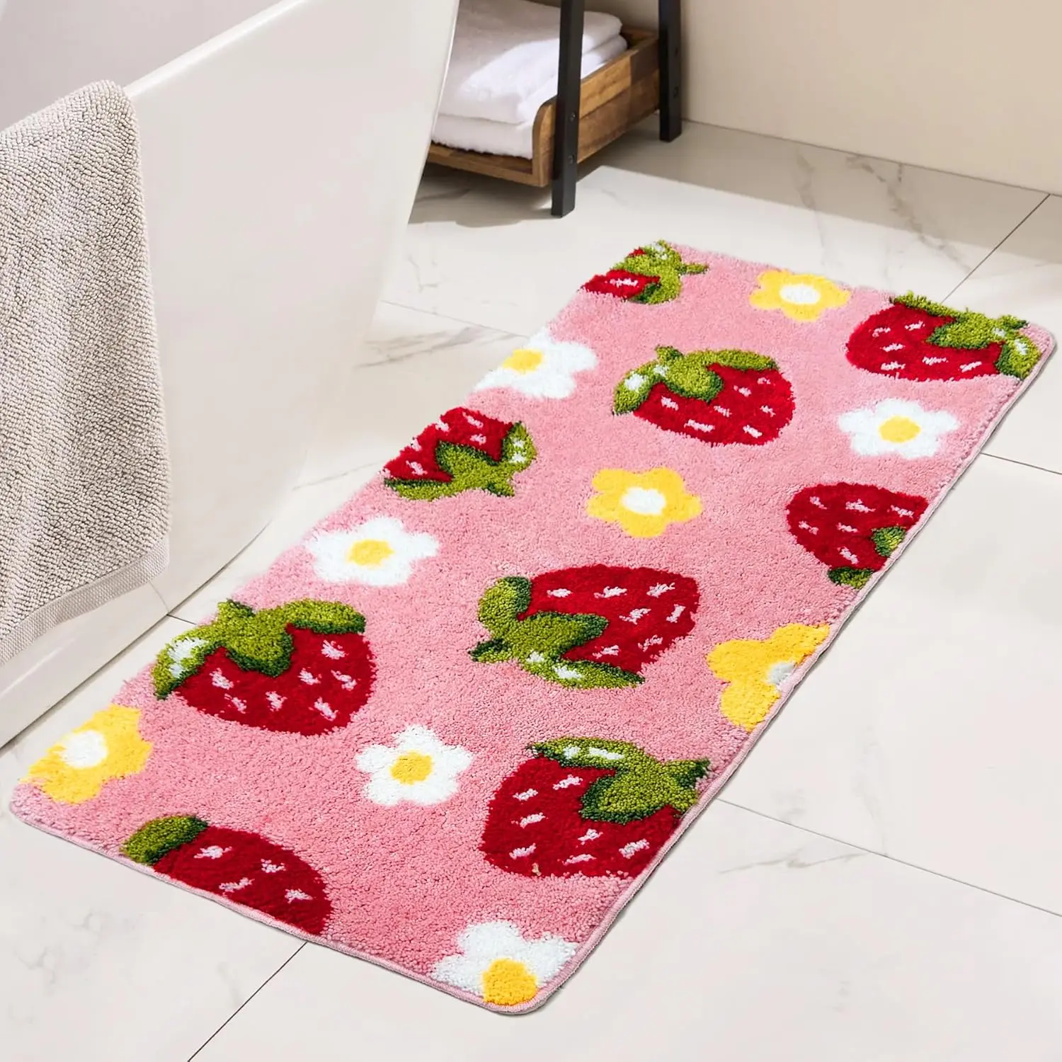 Bathroom Runner Rug, Cute Bedroom Decor, Pink Strawberry Bath Mat, Flower Long Absorbent Microfiber Runner for Bathtub 20"x47"