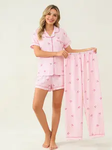 Sweet Girl 3 Piece Cute Pink Stripe Bow Pajama Set for Women, Short Sleeve, Shorts & Long Pants, All Year Round Wearable, Bow Print, Button Down Top, Loose Fit Home Outfit