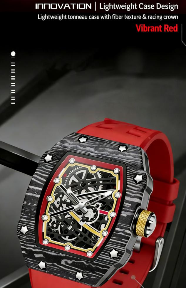 Fashion Skeleton Quartz Watch for Men, Carbon Fiber Design, Red Silicone Band, Perfect for Daily & Sports Fashion Skeleton Quartz Watch for Men, Carbon Fiber Design, Red Silicone Band, Perfect for Daily & Sports