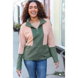 Holiday Vibes Taupe/Green Fleece Zip Up Cinched Hem Pullover