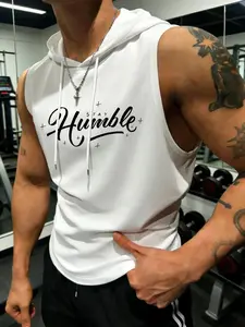 Men's Sleeveless Hooded Gym Tank Top Athletic Fashion Activewear with Humble Handwritten Graphic, Breathable Stretch Fabric, Casual Street Style for Fitness & Everyday Wear
