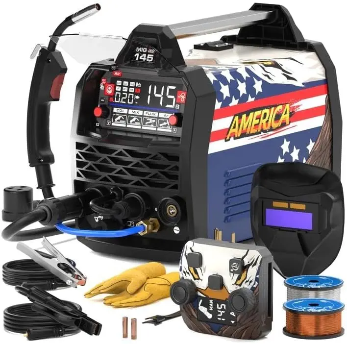 【DealsForYouDays】ANDELI MIG-145 145A 4-in-1 Multi Process Welder, 110V/220V Dual Voltage IGBT Inverter Unit, Gasless MIG, Stick, Lift TIG, Synergic Digital Display, Portable, Remote Control Compatible for Garage DIY Repair, Gasless Mig Welder