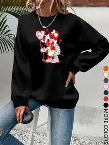 New Creative Simple Bear Casual Fitted Long Sleeve Round Neck Sweatshirt for Women, Trendy Multi-Color Options, Spring & Fall Fashion Top, Graphic Sweatshirts