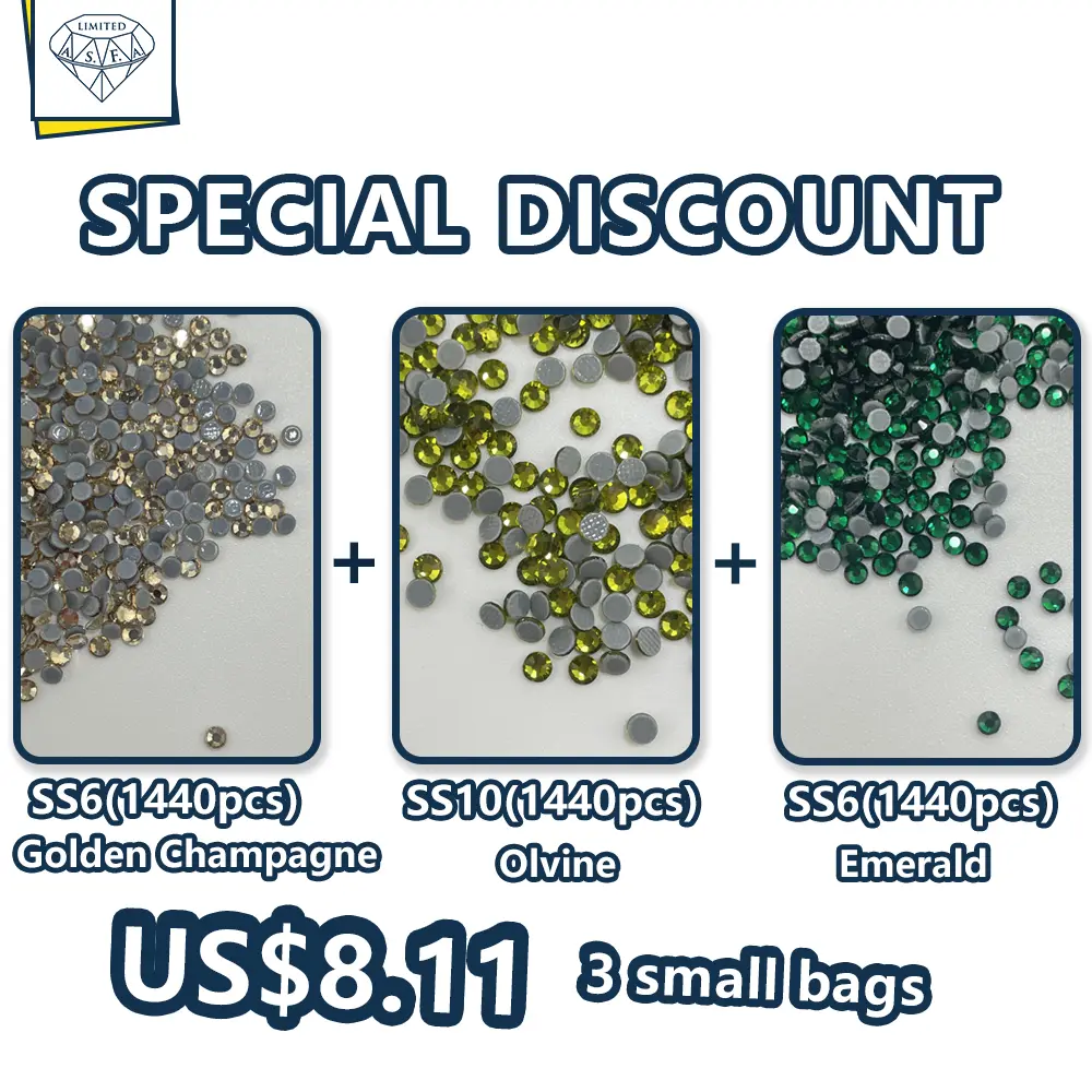 Elegant Glass Hot Fix Rhinestones Set - 3 Small Bags, 4320pcs, SS10 Golden Champagne/Olvine/Emerald Colors, Everyday Fashion Accessory for Garment & Nail Art Shiny Diamante