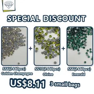 Glass Hot Fix Rhinestones Set - 3 Small Bags, 4320pcs, Golden Champagne/Olvine/Emerald Colors for Garment & Nail Art Shiny Diamante Fashion Accessory