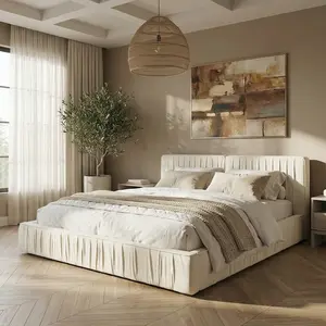 Queen Upholstered Platform Bed Frame with Mattress Included, Chenille Fabric Pleated Headboard, Low Profile Modern Bed, Solid Wood Slats Support, No Box Spring Needed, Beige