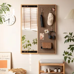 Wayshome Beech Wood Full Length Mirror 47"x16" with Storage Shelf & DIY Hooks for Bedroom Livingroom Decor Explosion-Proof Multi-Functional Wall Mirror