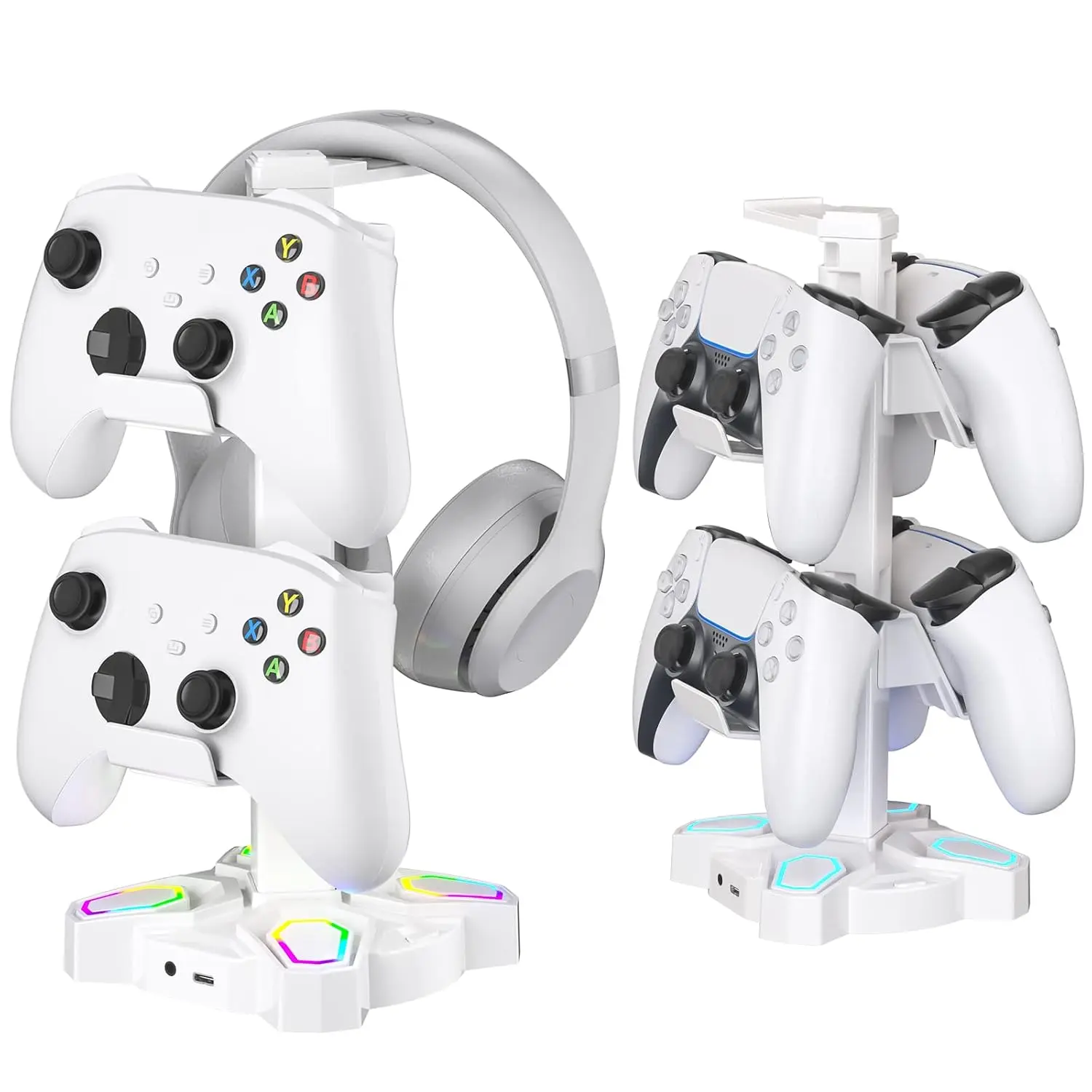P-HP08 Plastic Gaming Headphone & Controller Stand - Portable, Rotatable RGB Lights, Detachable Button, 2 USB+Type-C Charge Ports, 3.5mm Plug, Metal&Rubber Desktop Organizer for Gamers, Tablets & Devices (White)