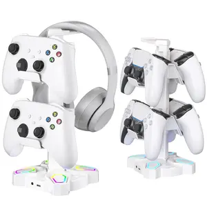 P-HP08    Gaming Headphones Stand, Rotatable Headset Stand with Light Modes - Controller Holder with 2 USB Charging Ports and 3.5mm - Earphone Hanger Accessories for Desktop Gamer(White) Button Detachable