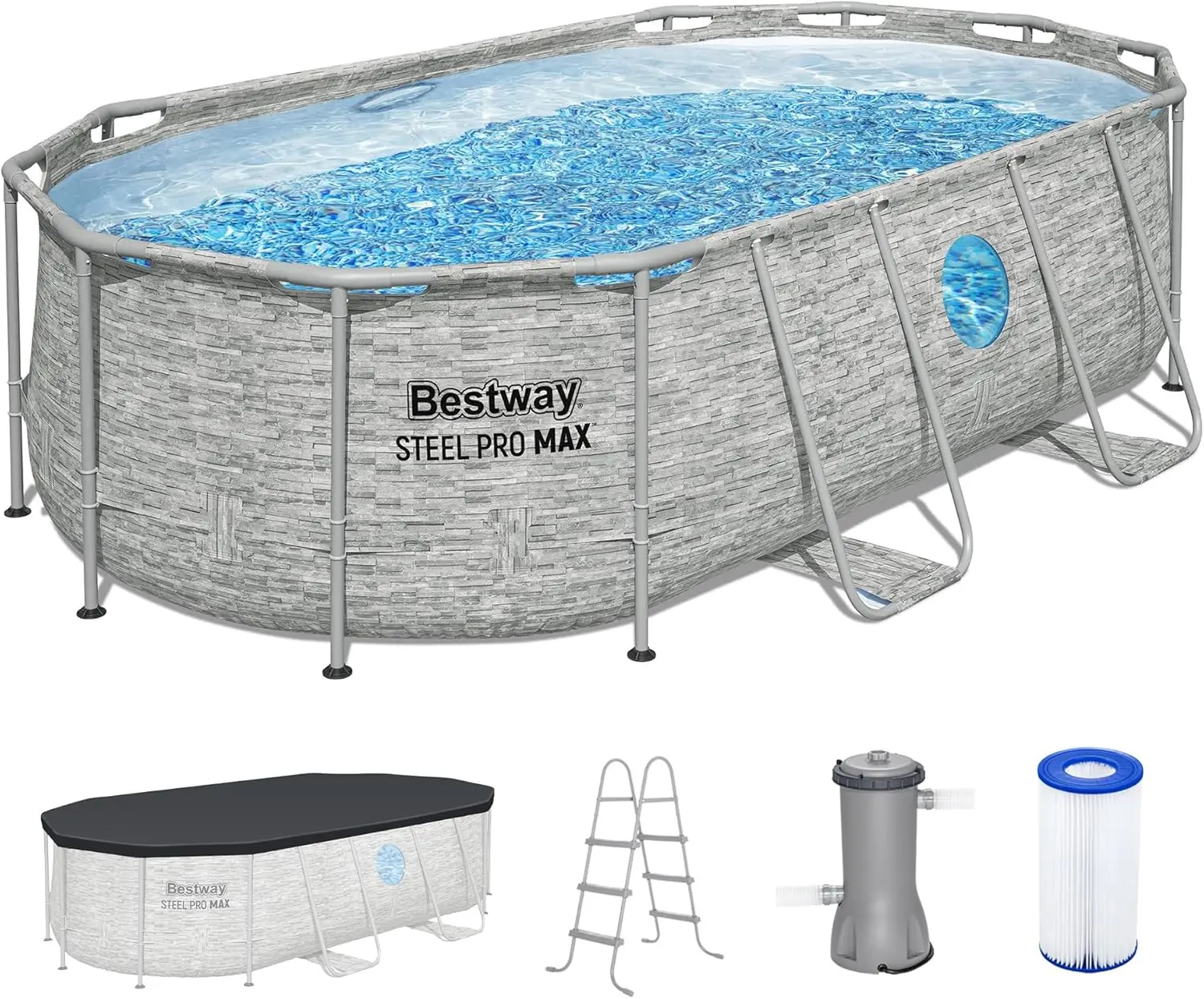 Bestway Steel Pro MAX Splashview 14’ x 8'2" x 39.5” Above Ground Pool, Oval Metal Frame Outdoor Swimming Pool Set with Filter Pump, Ladder, and Cover