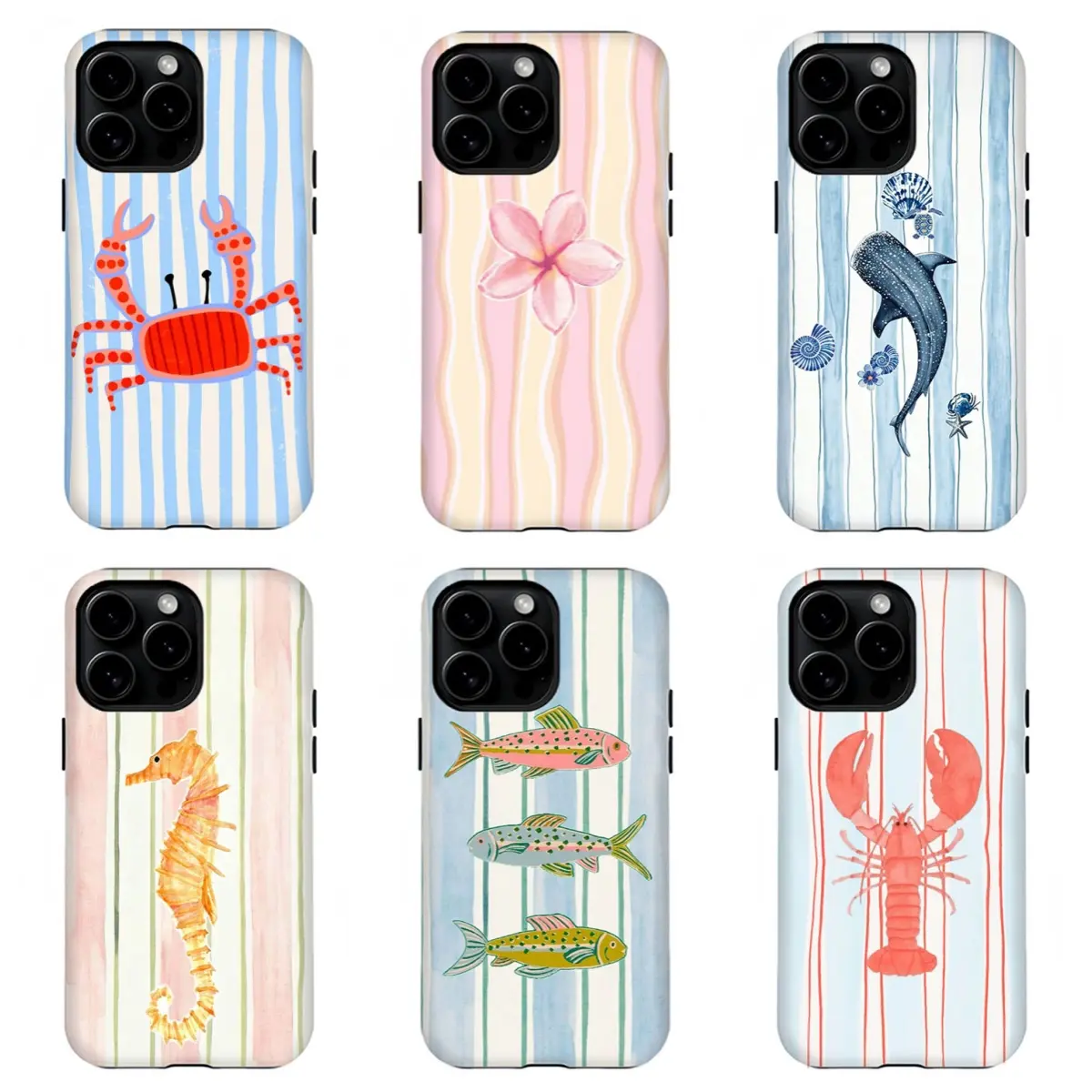 Bright Summer Marine Life Phone Case, Colorful Striped Whale Shark & Lobster Art Cover For iPhone 11 12 13 14 15 16 17 Pro Max For Samsung S26 S25 S24 S23 S22-Gift For Her/Him/Fans