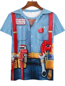 Men's Summer Plumber Uniform Short Sleeve T-Shirt, Fun Fake Two-Piece Casual Top, All over Print, Fitted Style, 2026 Fashion