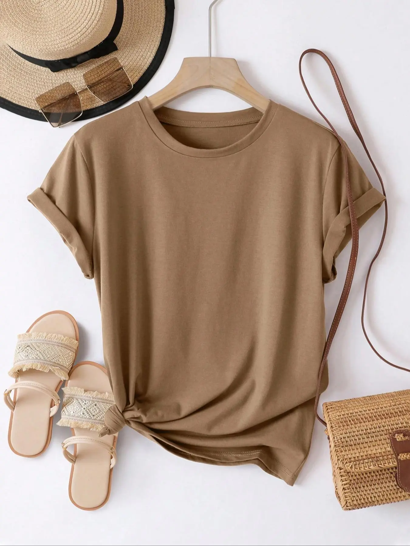 Women's Solid Color Round Neck Tee, Casual Plain Soft Basic Short Sleeve Crew Neck T-Shirt for Spring & Summer, Fashion Women's Top for Daily Wear, Womenswear