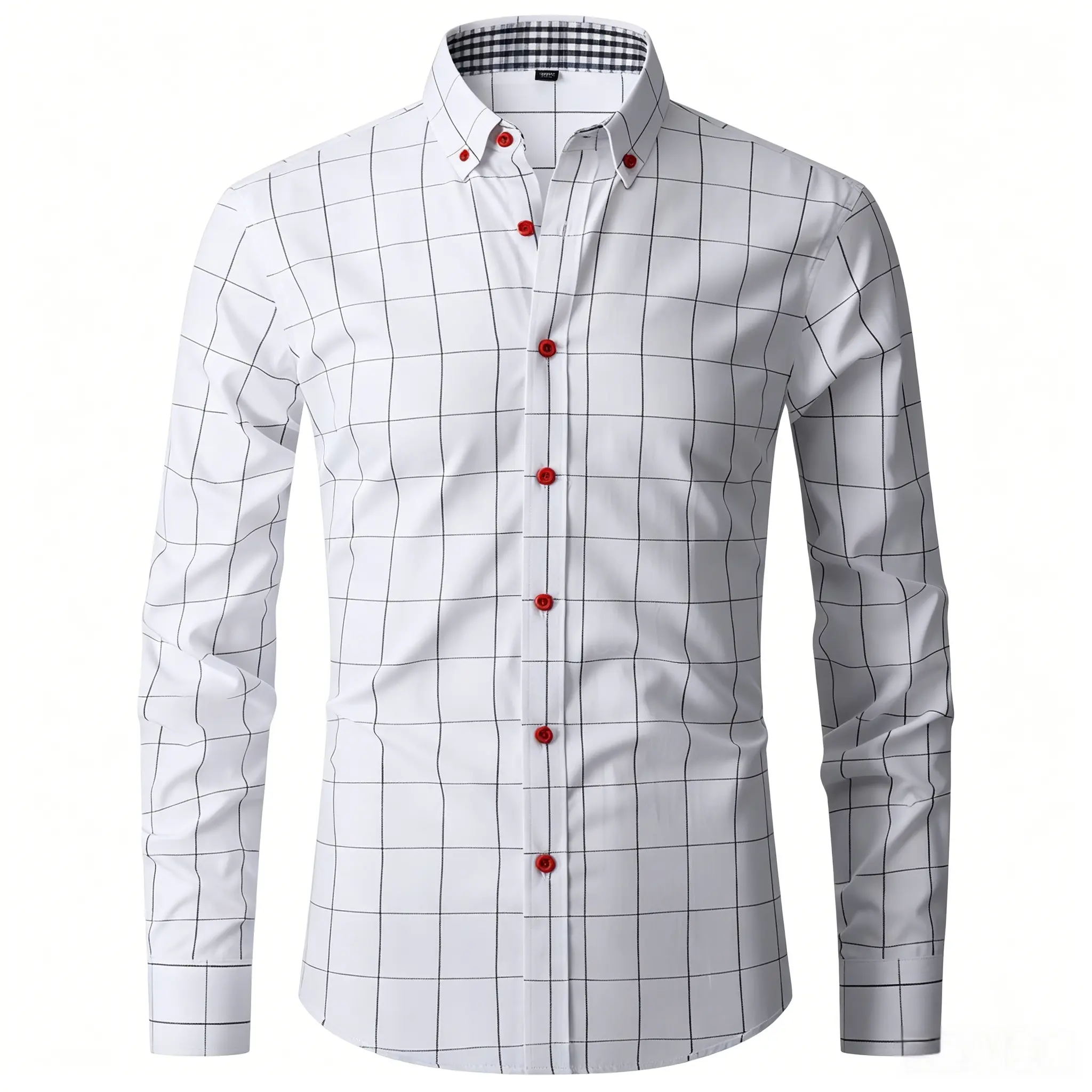 Men’s classic casual slim-fit plaid shirt with a distinctive red button design; cotton feel men’s apparel—casual business top suitable for business casual, everyday wear, and outdoor occasions.